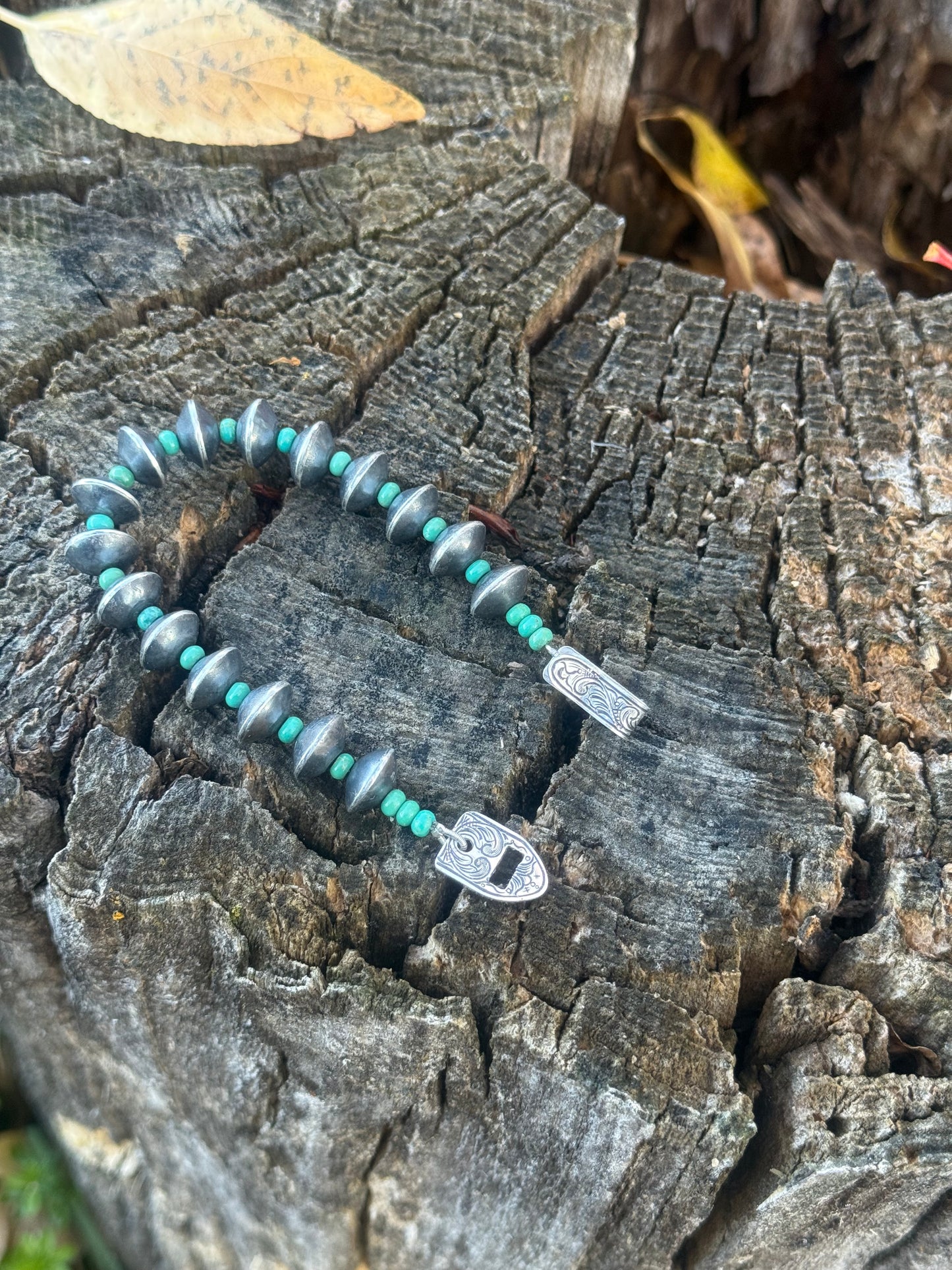 Handmade Silver Bead Bracelet with Turquoise & Engraved Clasp