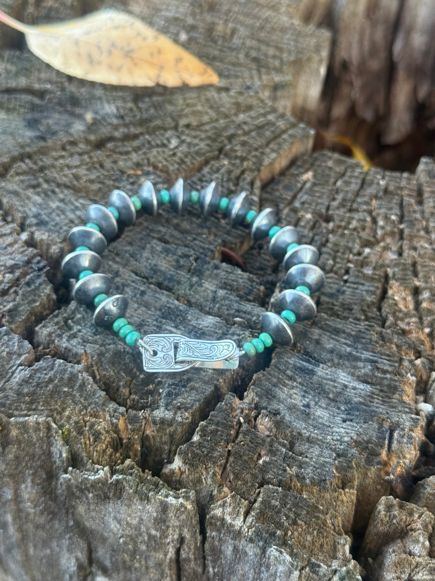 Handmade Silver Bead Bracelet with Turquoise & Engraved Clasp