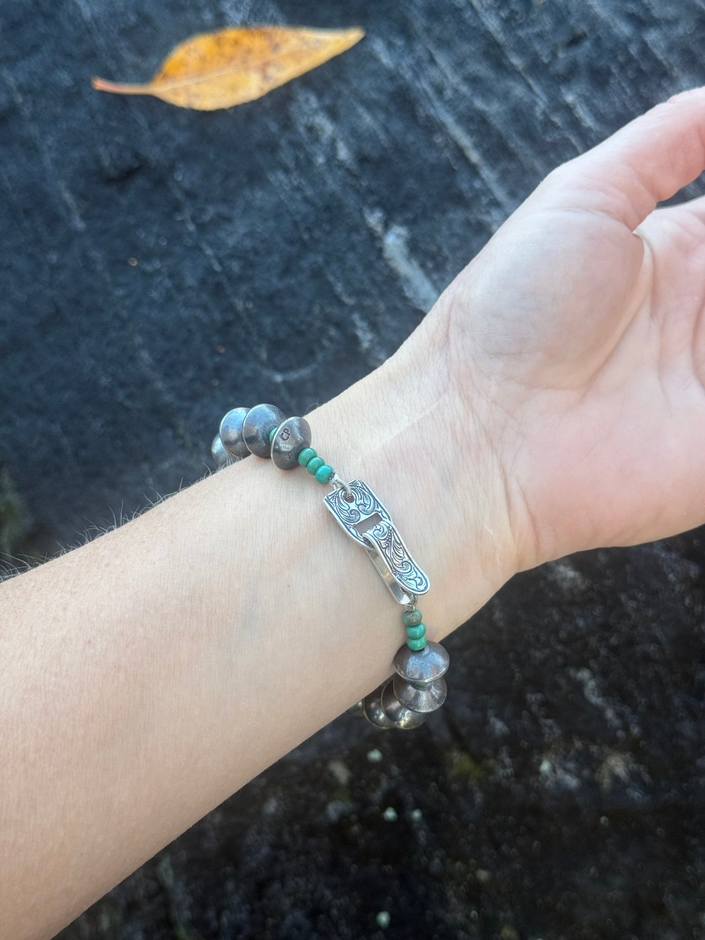 Handmade Silver Bead Bracelet with Turquoise & Engraved Clasp