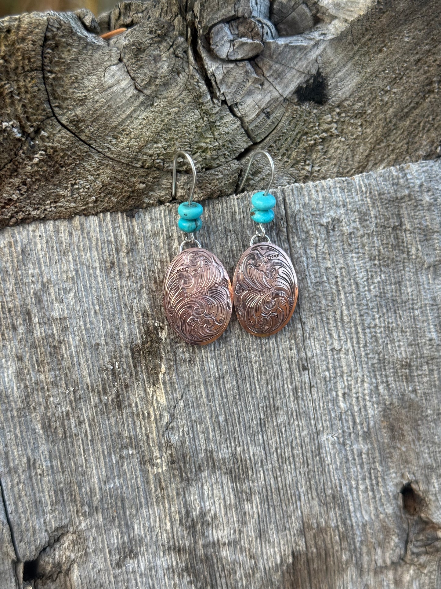 Copper & Turquoise Engraved Earrings