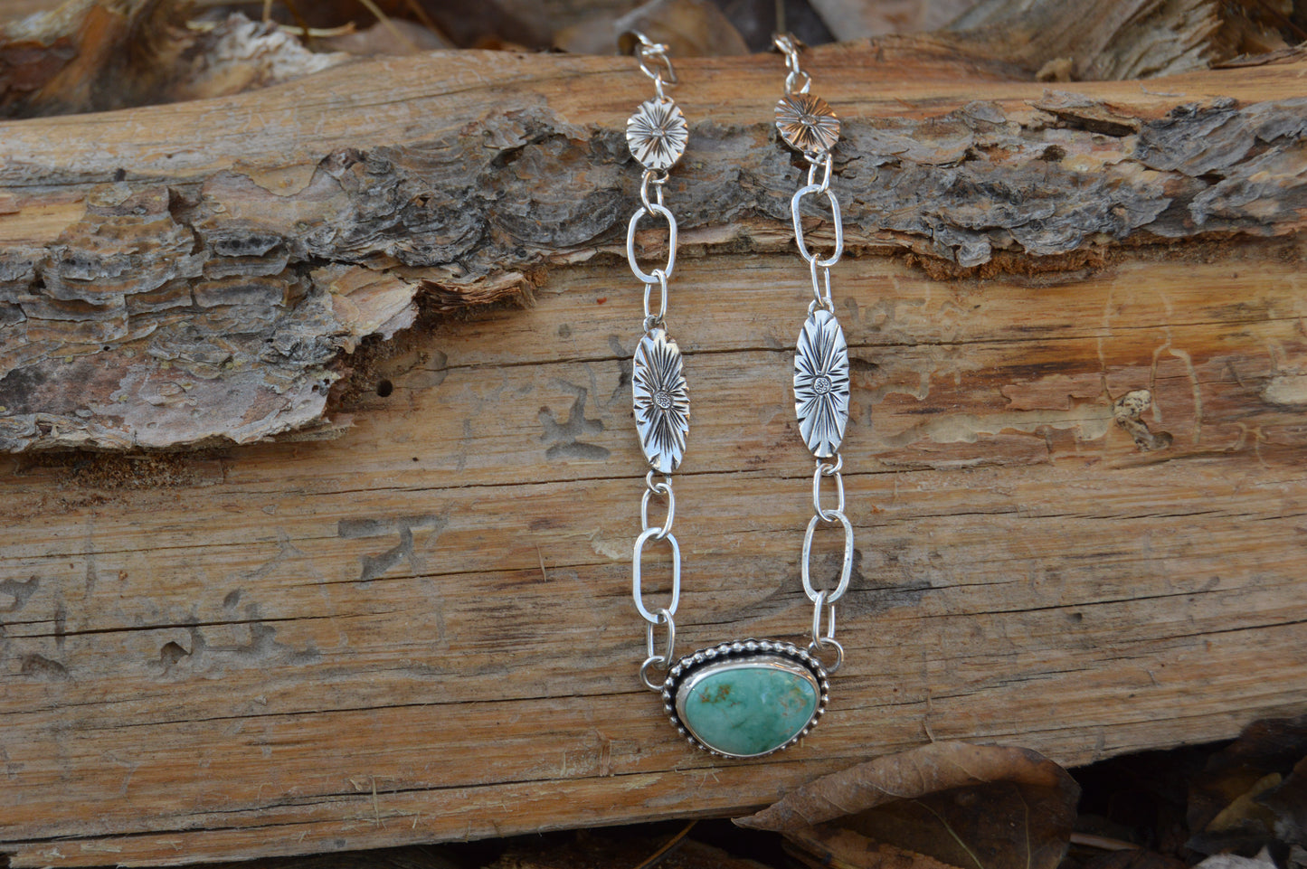 Natural Fox Turquoise Necklace with Engraved Links