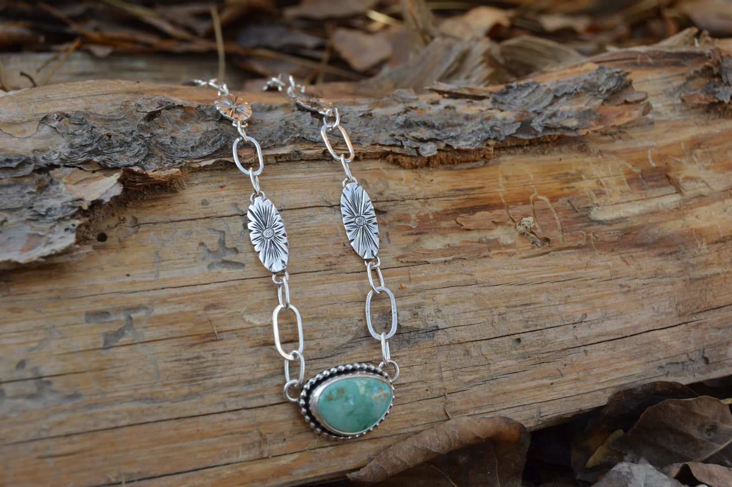 Natural Fox Turquoise Necklace with Engraved Links