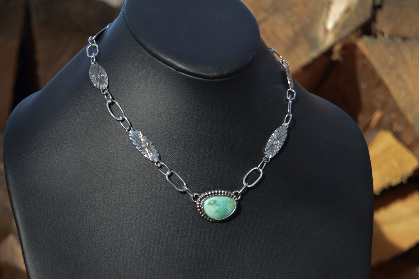 Natural Fox Turquoise Necklace with Engraved Links