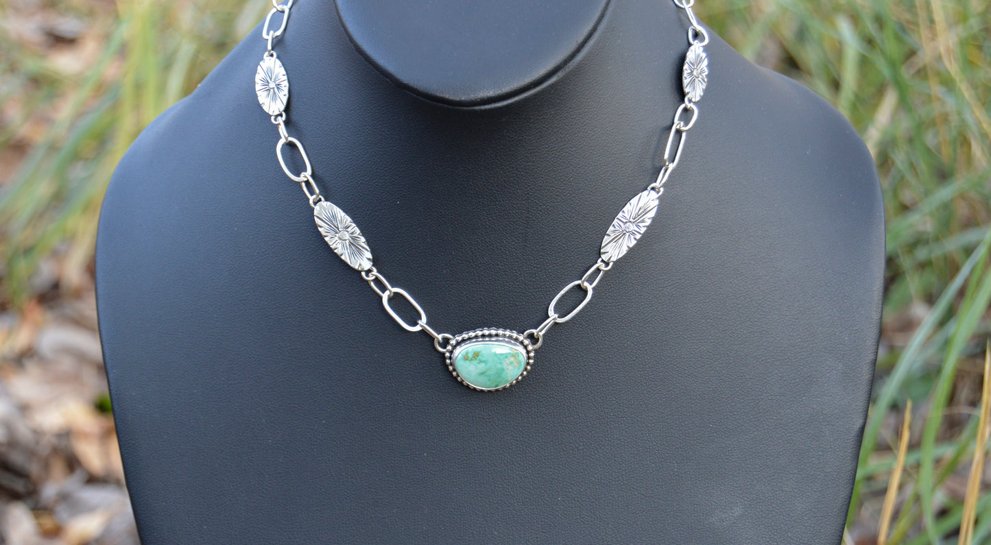 Natural Fox Turquoise Necklace with Engraved Links