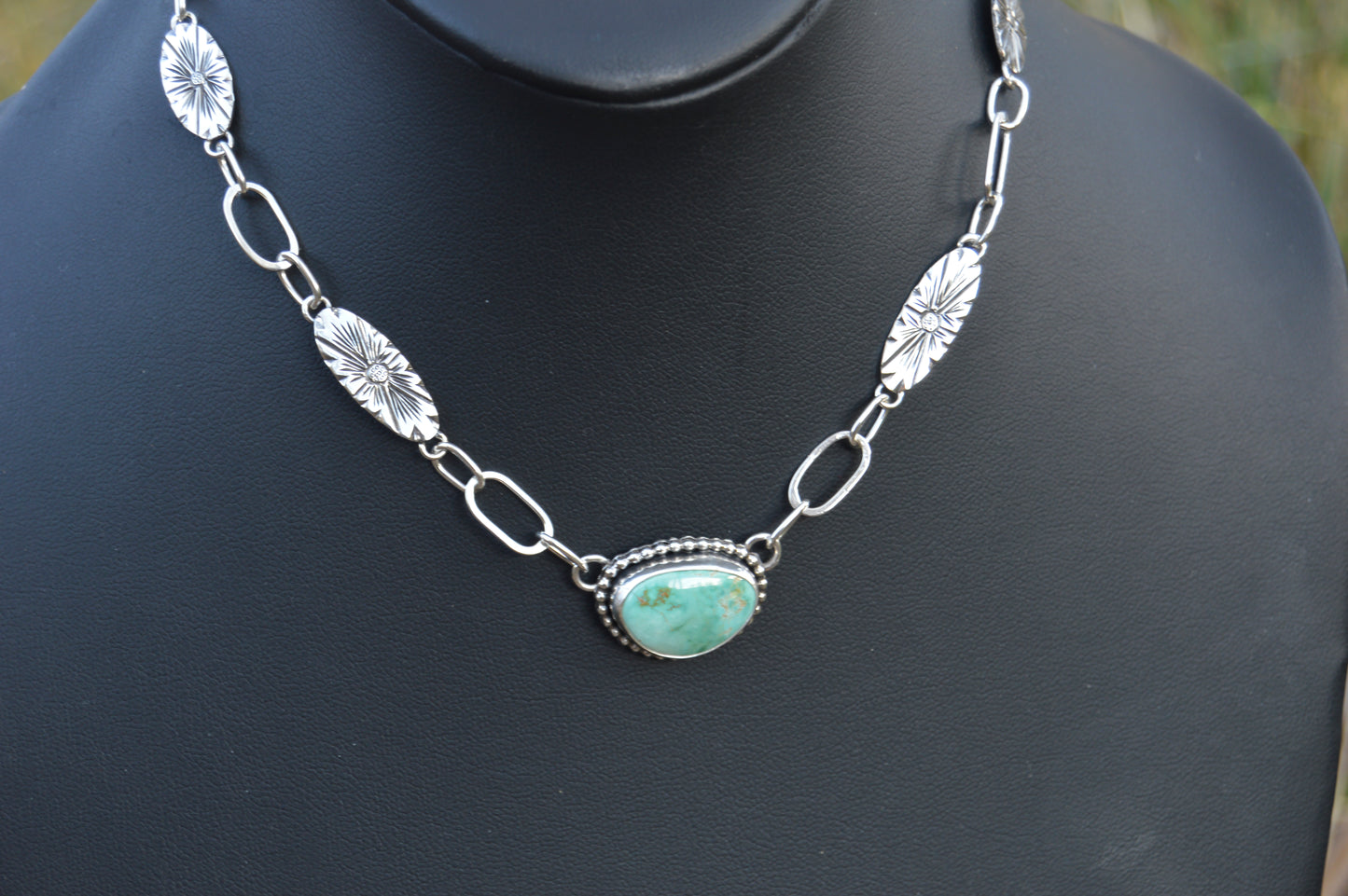 Natural Fox Turquoise Necklace with Engraved Links
