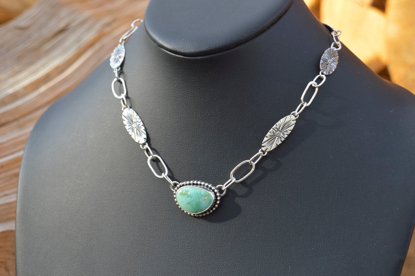 Natural Fox Turquoise Necklace with Engraved Links