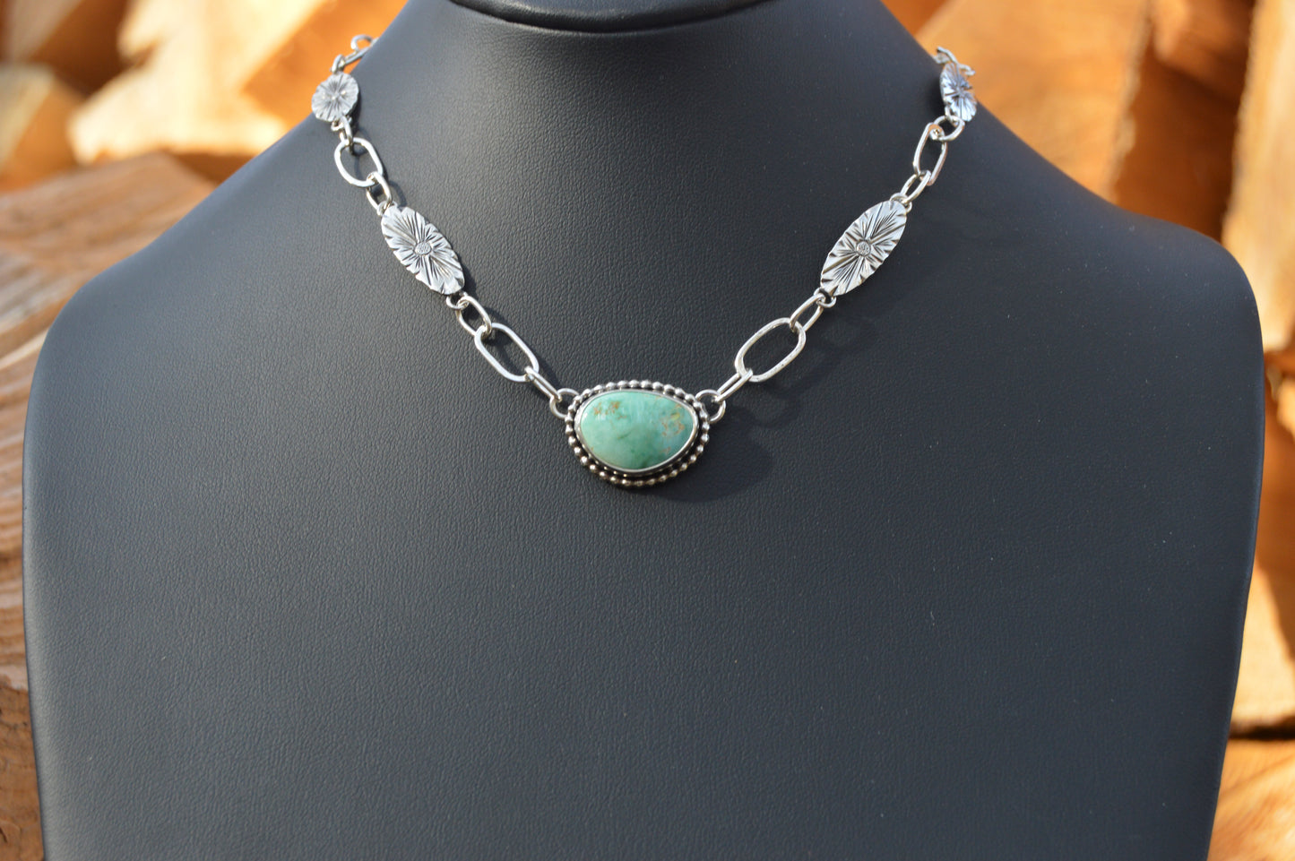 Natural Fox Turquoise Necklace with Engraved Links